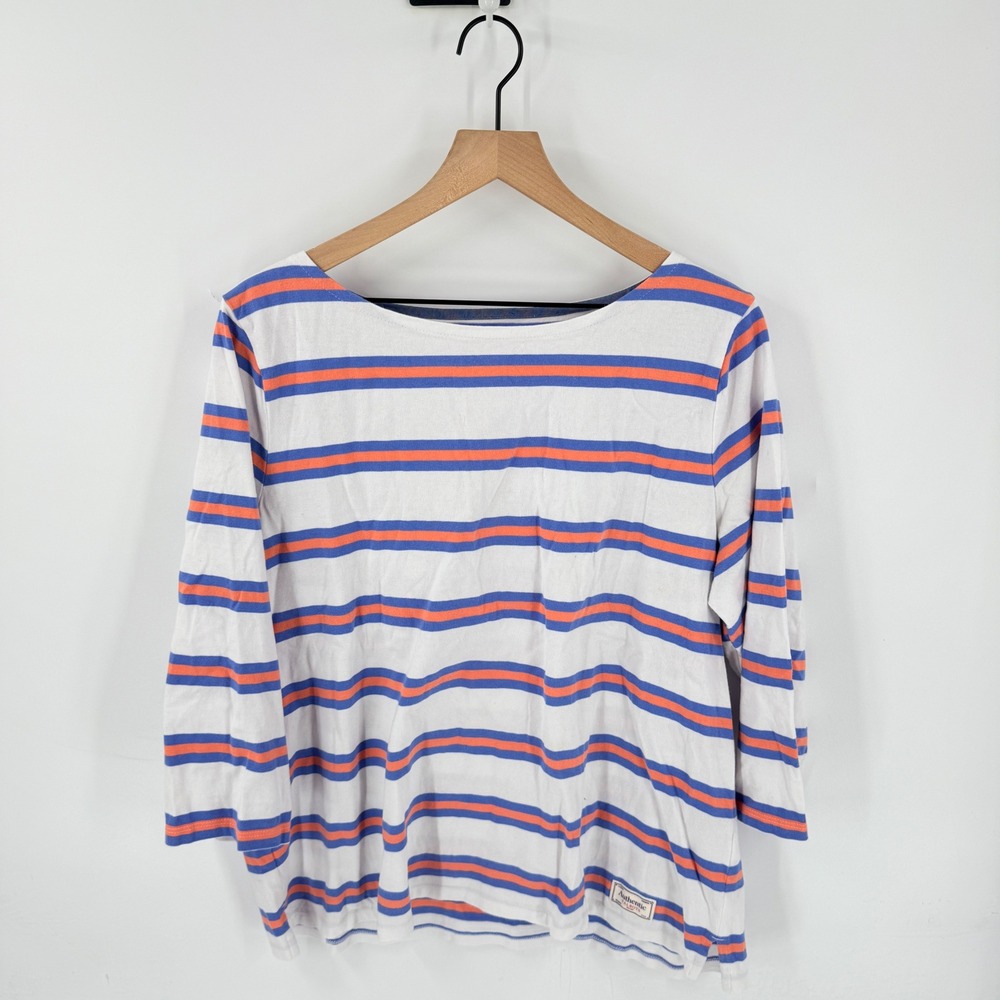 Talbots T-Shirt White Blue Orange Striped 3/4 Sleeve Boat Neck Top XL Nautical